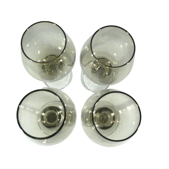 Wine Glass Goblet Smoked Gray Clear Stem Set of 4 Vintage Glassware 10" - Picture 11 of 15